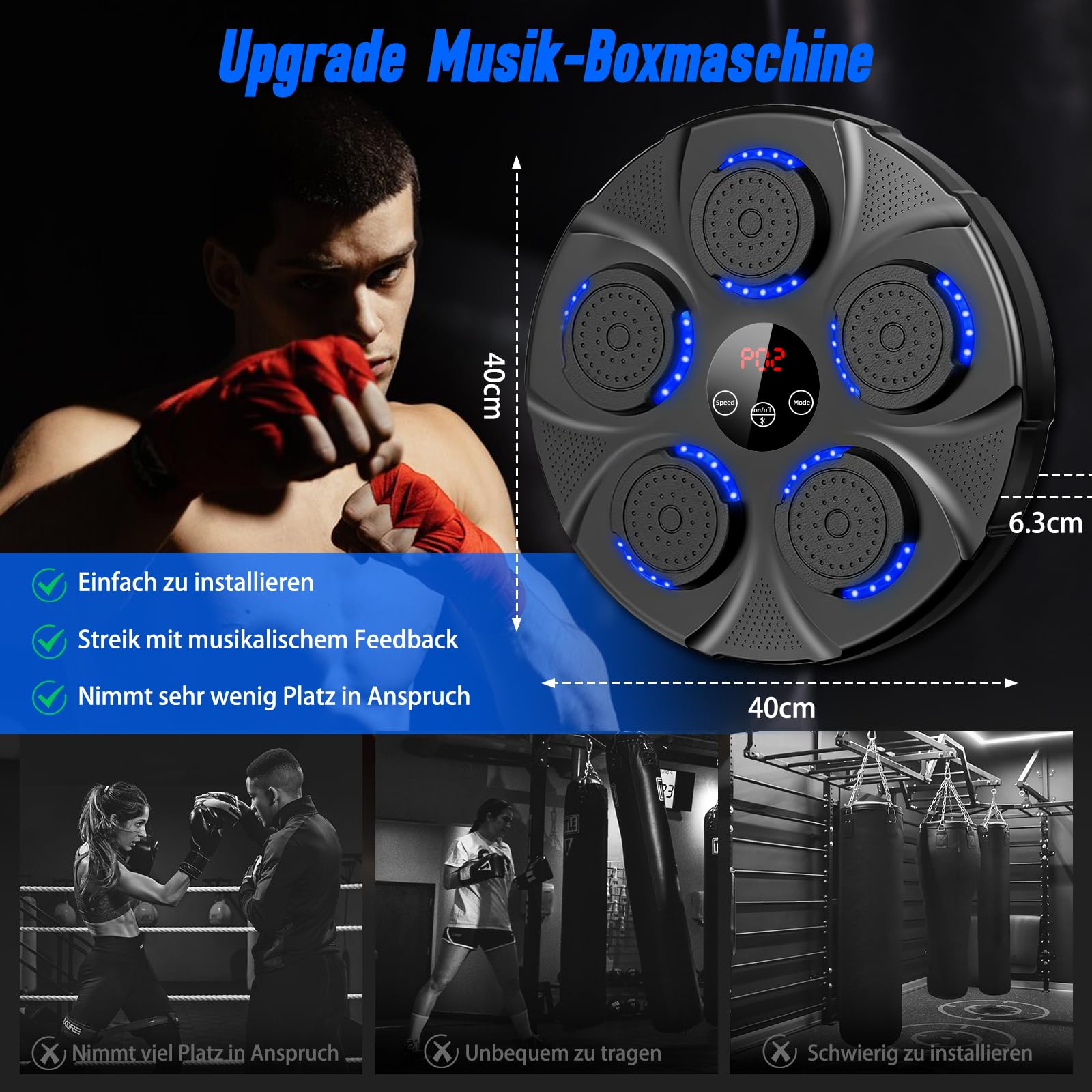 Music Boxing Machine, Großes Wandmodell Professioneller Boxmaschine Musik mit Boxhandschuhen Bluetooth-Verbindung, 9 Geschwindigkeiten und Modi, für Kinder und Erwachsene，Heim, Fitnessstudio, Schwarz
