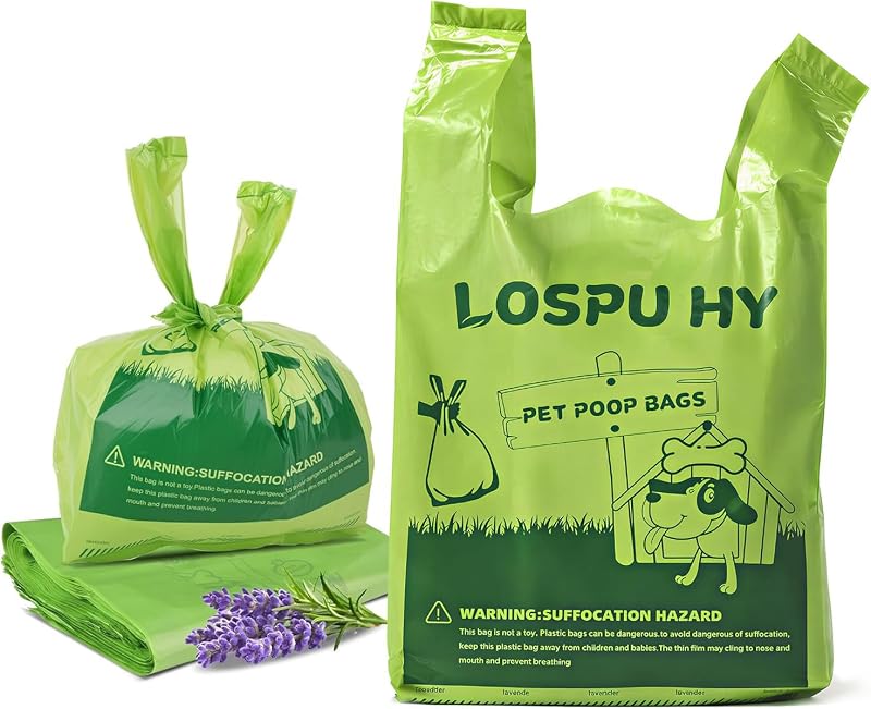 Sacos para Fezes de Cães com Alças, HDPE, Perfumados com Lavanda, Verdes, Lospu HY, Pacote com 100