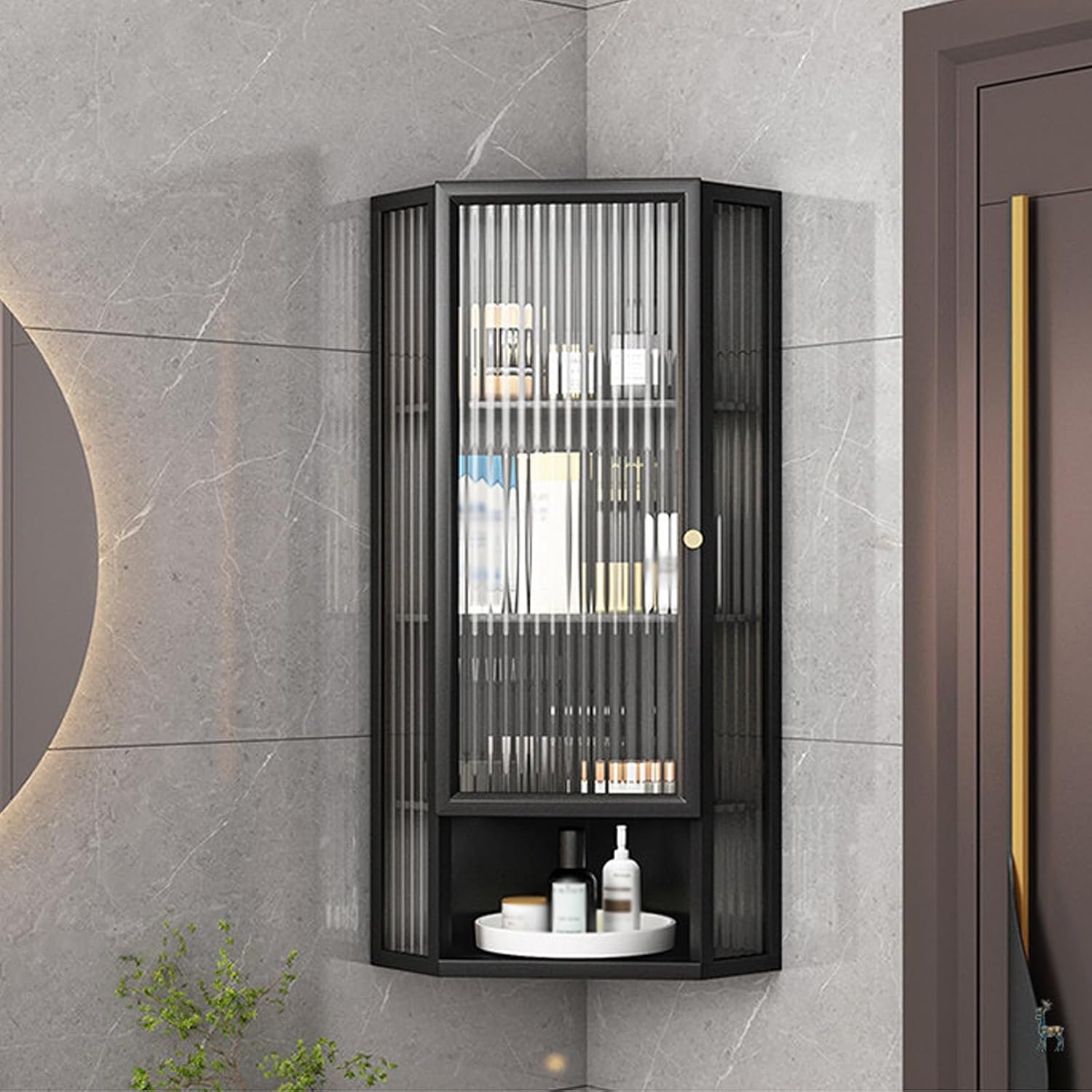Wall Mounted Corner Bathroom Cabinet with Glass Door, 3/4 Tier Storage Medicine Cabinet, Makeup Organizer for Kitchen Living Room Bedroom,Black-4-Tier