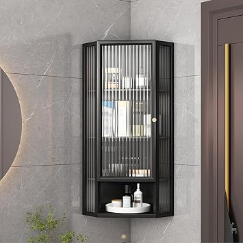 Wall Mounted Corner Bathroom Cabinet with Glass Door, 3/4 Tier Storage Medicine Cabinet, Makeup Organizer ,for Kitchen Living Room,BedroomBlack,4-Tier