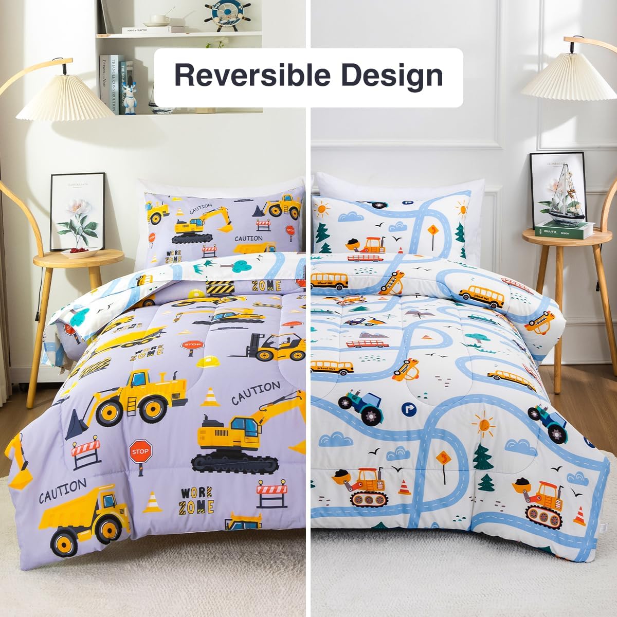 Holawakaka Construction Truck 5-Piece Full Bed-in-A-Bag Set, Boys Comforter & Sheet Set with Excavator & Tractor Print, Kids Bedding Collection, Machine Washable, Gift for Kids