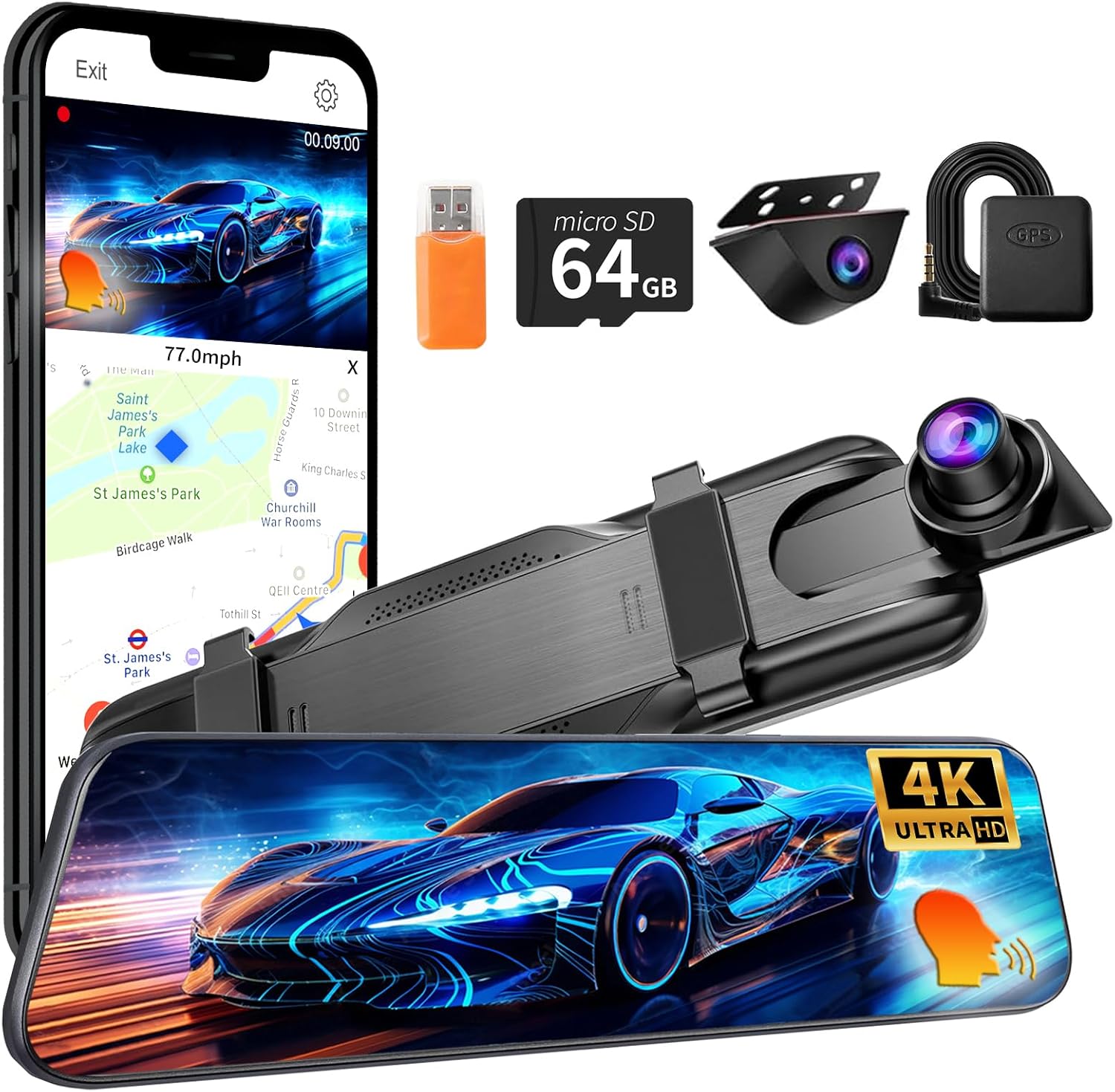 Mirror Dual Dash Camera,4K and 1080P Dash Cam with Voice Control Rear View Mirror Camera and WiFi,GPS Dashcam for Cars with WDR Night Vision, G-Sensor, 24 Parking Monitor ABS (Include 64FGB Card) Mirror Dual Dash Camera,4K and 1080P Dash Cam with Voice Control Rear View Mirror Camera and WiFi,GPS Dashcam for Cars with WDR Night Vision, G-Sensor, 24 Parking Monitor ABS (Include 64FGB Card)