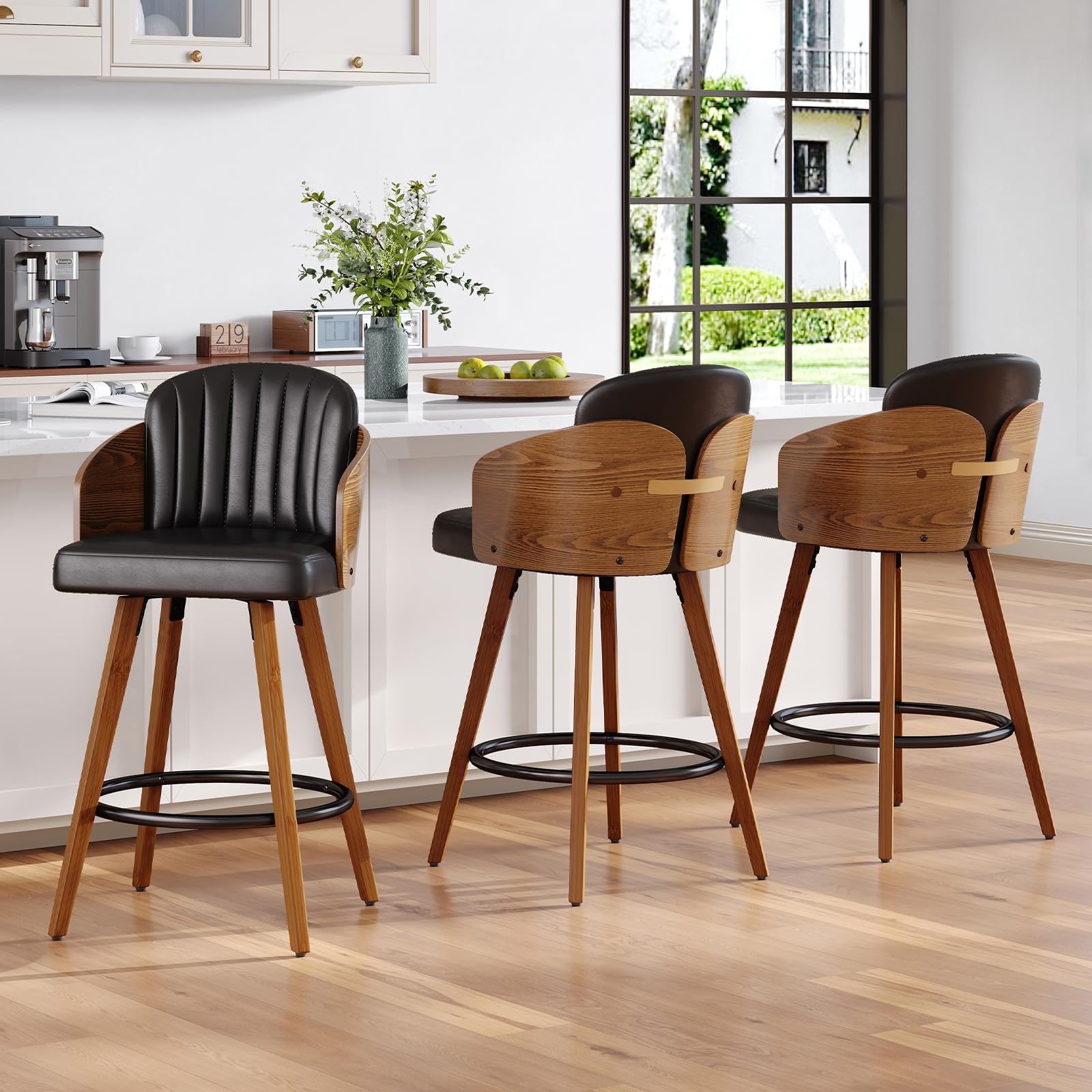 HOCEWI Counter Height Bartools Set of 3, 26 Inch Mid Century Counter Stools with Walnut Back and Arms Upholstered Seat for Kitchen Island, Black