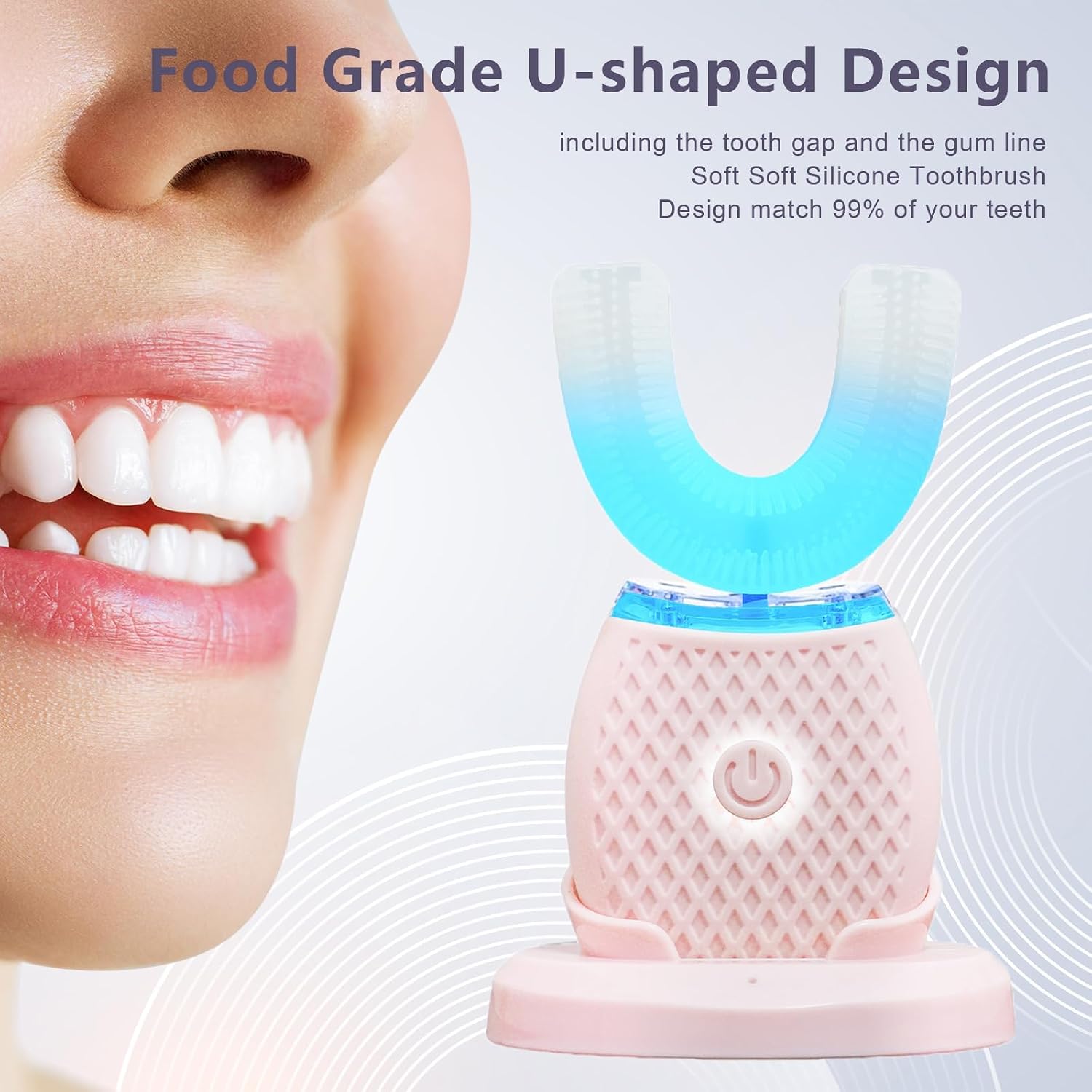 U-Shaped Electric Toothbrush for Adults with Foam Mousse, 4 Brush Heads, Auto 360° Ultrasonic Toothbrush with Blue LED Light, Hands-Free Smart Toothbrush Kit with Charging Base (Pink)