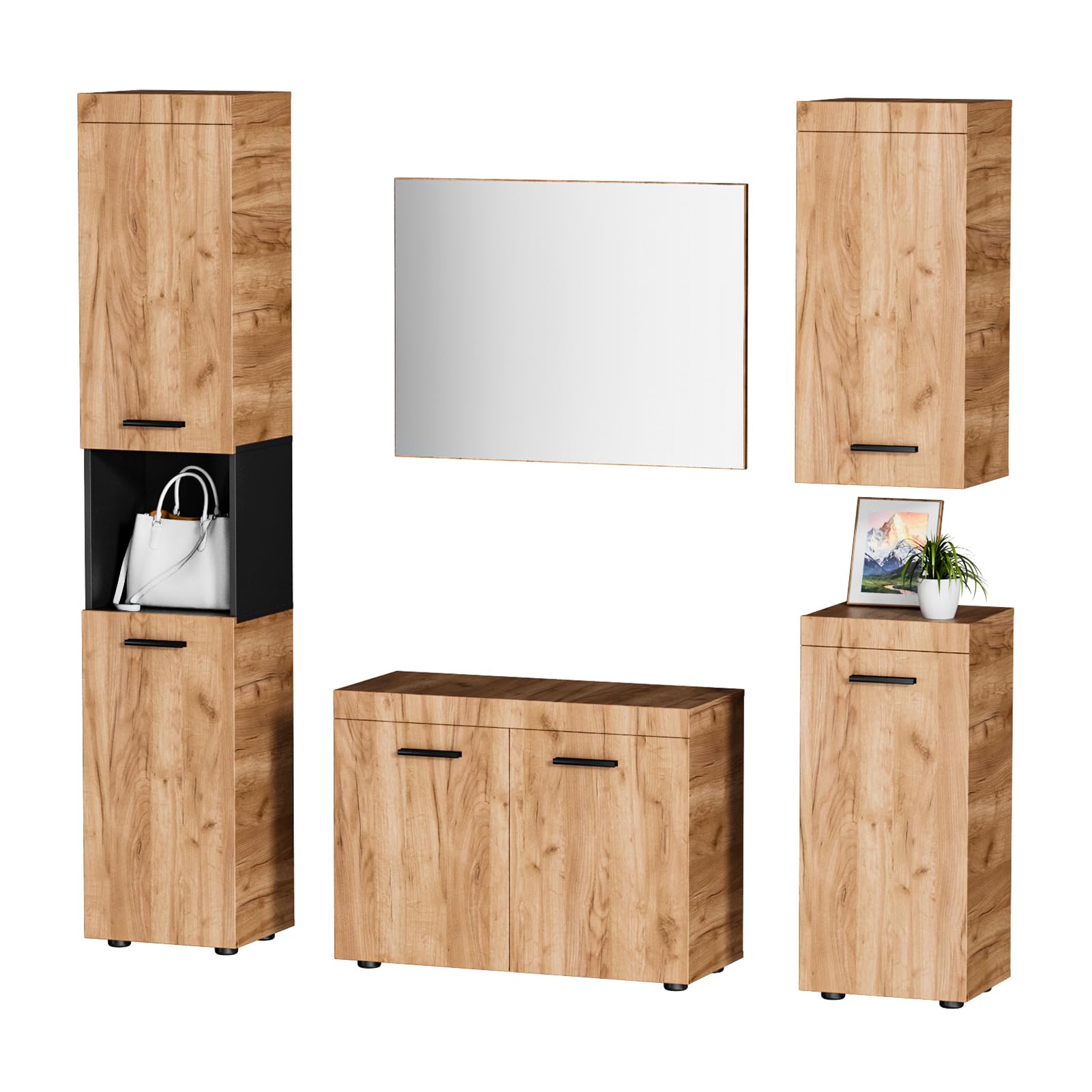 HAUSPROFI 5-teiliges Garderobenset, Flurgarderobe mit Spiegel, Doppeltür-Schuhschrank, Langer Schuhbank, Kleiderschrank und Stauraumschränken, Holzoptik, für Flur und Bad