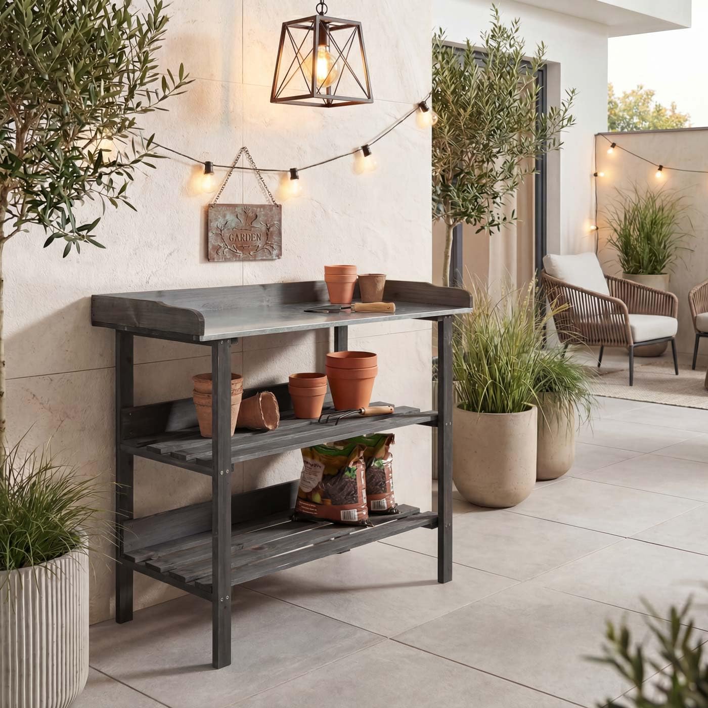 Mendler HWC-O14 - Mesa de jardinería (madera, 86 x 92 x 41 cm), color antracita