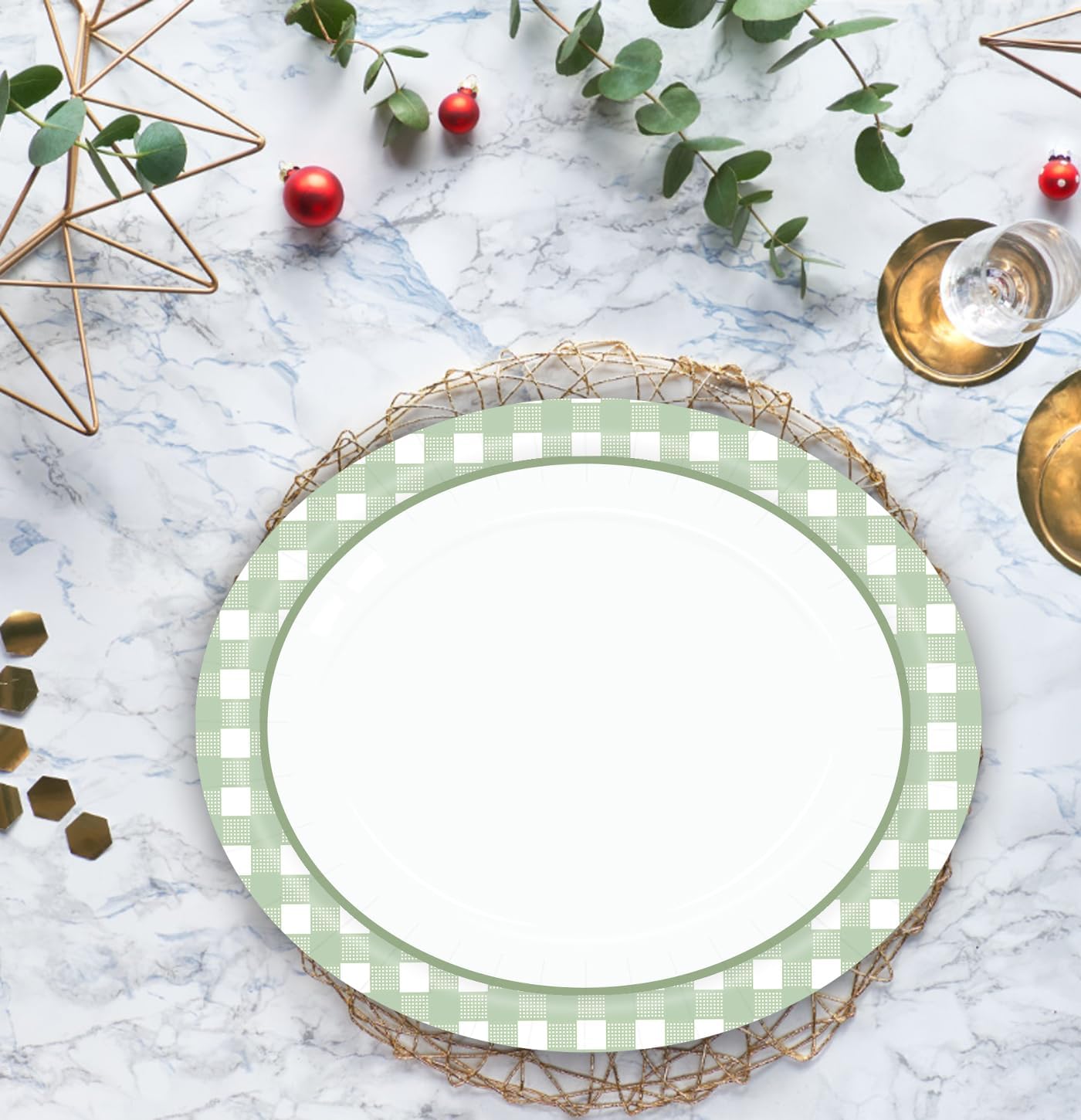 HEIPINIUYE 50 Pieces Sage Green Gingham Oval Paper Plates 10 X 12 Inch Sage Green and White Plates Disposable Dinner Plates for Picnic Wedding Baby Shower Birthday Party Dessert Plates