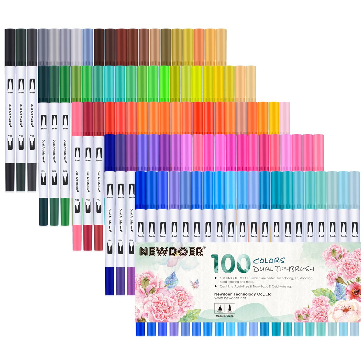 Newdoer 100 Colours Dual Brush Pen Art Markers, include 2mm brush tip and 0.4mm fine tip for Drawing, Sketching, Painting and Creating Watercolour Effect