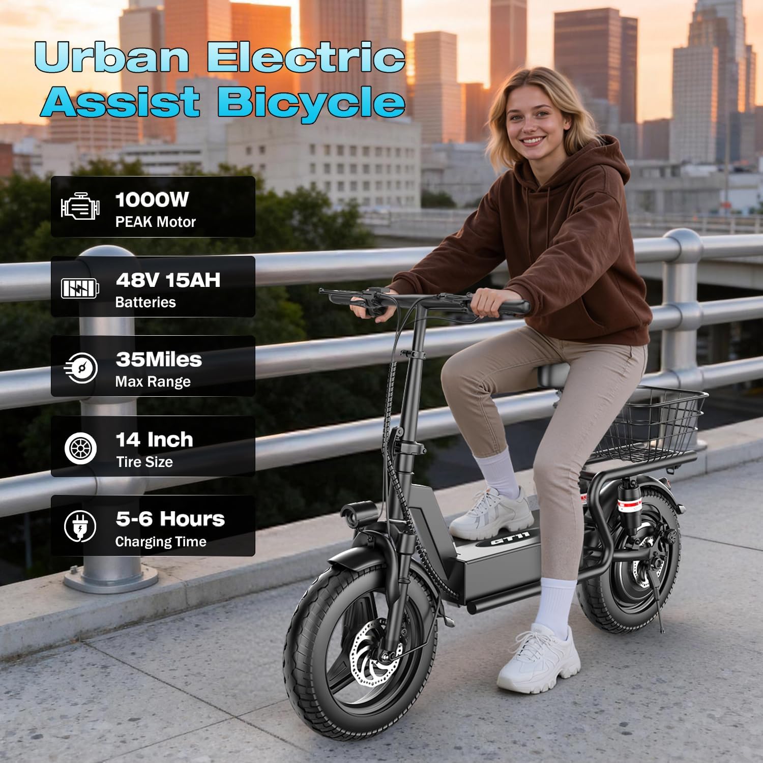 AZHAR GT12 Electric Scooter with Seat, showing key features like 1000W motor, 48V 15AH battery, 35 miles range, 14 inch tires, and 5-6 hours charging time.