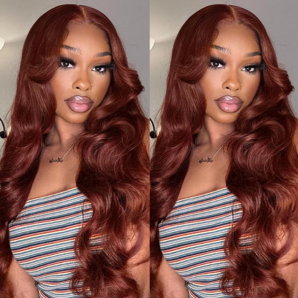 Real hair piece color light brown red hue -  20” long Amazon.com : UNICE Reddish Brown Body Wave Human Hair Weave  main image 2
