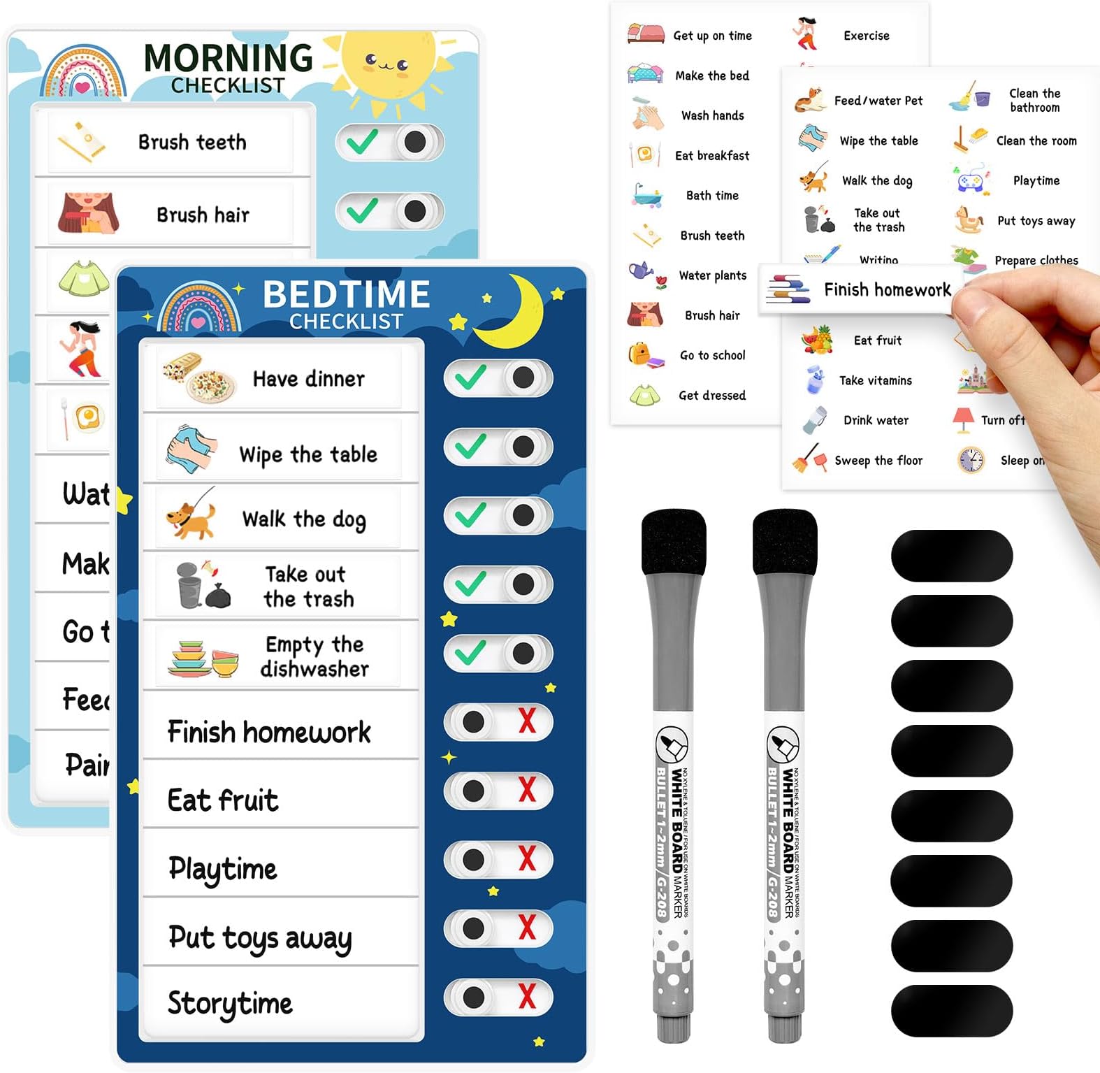 Chore Chart for Kids: Dry Erase Visual Schedule, Magnetic Bedtime/Morning Routine Chart - Toddler Chore Board, Checklist, To Do List for Kids (1 morning checklist, 1 bedtime checklist)