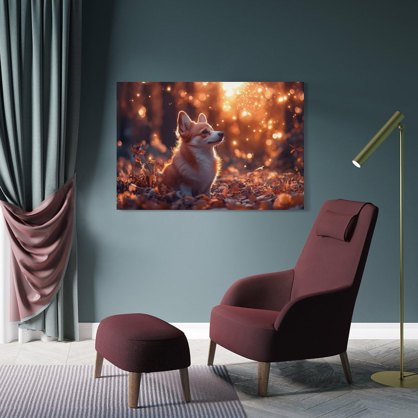 Junmoney Corgi in Autumnal Forest with Bokeh Home Decor Wall Art, 24x36inch(60x90cm), for Flats, Guest Rooms Or Compact Rooms, Stylish Wall Art for Fresh Spaces