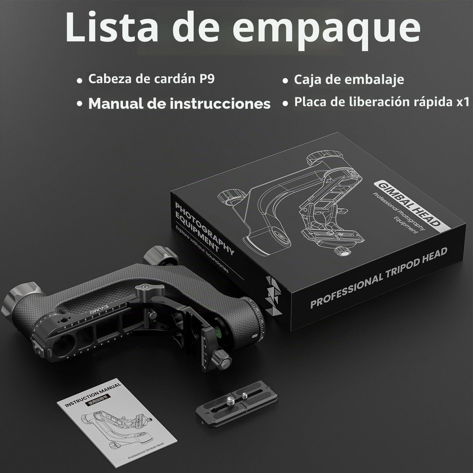 EVUMO P9 Cabezal de Trípode de Cardán, Gimbal Head de 360°, Cabezal Trípode Profesional de Fibra Carbono, con Placa de Liberación Rápida Arca-Swiss de 1/4'' y 3/8'', Carga Máxima 20kg para Cámara DSLR