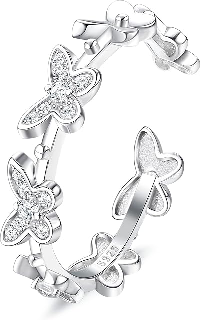 KALVICA 925 Sterling Silver Ring for Women Girls Silver Butterfly Ring Cubic Zirconia Butterfly Open Thumb Rings Adjustable Ring Women Girls
