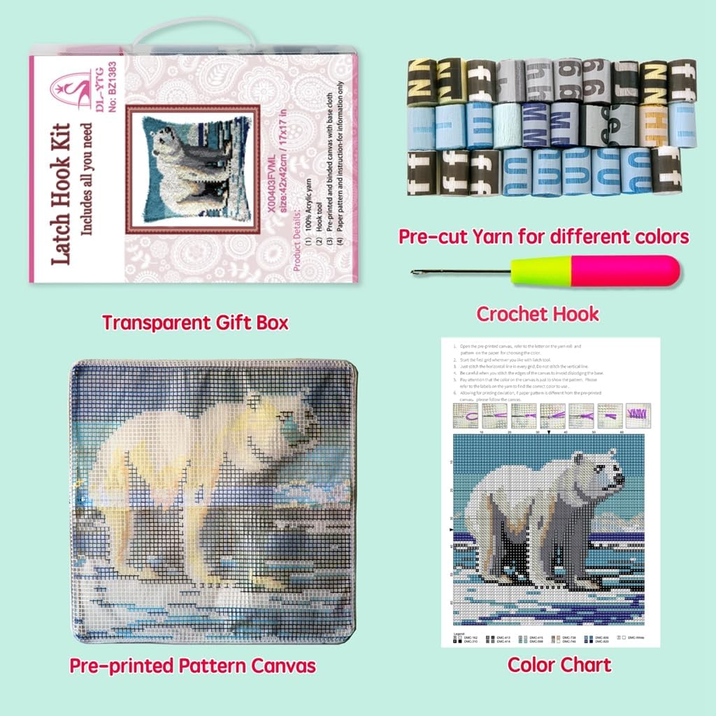 DL-YTG Latch Hook Kits Pillow Polar Bear Crochet Yarn Cushion Colour Printed Canvas Rug Needlework DIY Pillowcase Hook and Latch Kit Christmas Home Arts Crafts Sofa Decoration 42x42cm/16X16inch