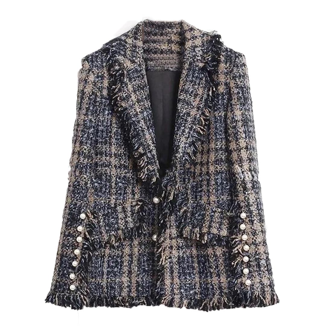 Women Flower Woolen Blazer V Neck Suit Coat Slim Medium Long Sleeve Spring Fall Outwear