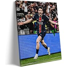 2025 UEFA Champions League Canvas Wall Art, Kvaratskhelia Goal Celebration Poster Print, Football Star Action Shot Soccer Artwork, Framed Oil Painting for Sports Room or Game Room Decor 16x20inch