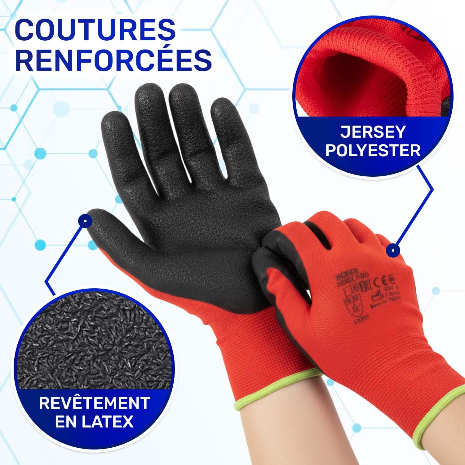 MONTERAL 60 Paires Gants de Travail Taille 8 M Protection Cat II Recouverts de Latex Anti-Slip - Gant de Travail Homme et Femme Utilisés pour Jardinage Travail Manutention Mecanicien Chantier