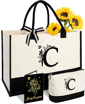 Personalized Gifts for Women - Initial Canvas Tote Bag with Makeup Bag - C