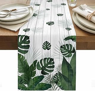 Summer Plants Table Runner, Farmhouse Palm Green Leaves Wood Grain Tablecloth Kitchen Dining Coffee Table Center Pieces Decor for Farmhouse Wedding Holiday Home Party 13x72 Inch