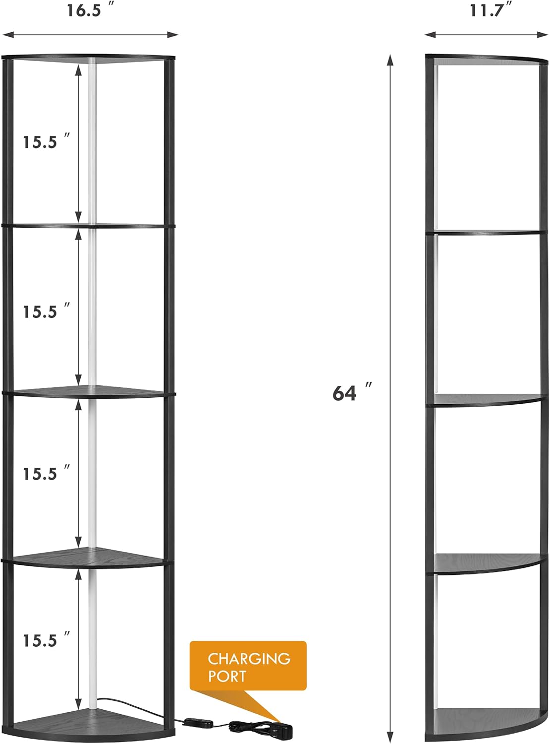Woodronic 5-Tiered Corner Shelf with LED Light, 64 Inch Standing Shelf Organizer, Metal Frame Solid Wood Storage Display Rack for Living Room, Bedroom, Kitchen, Gaming Room
