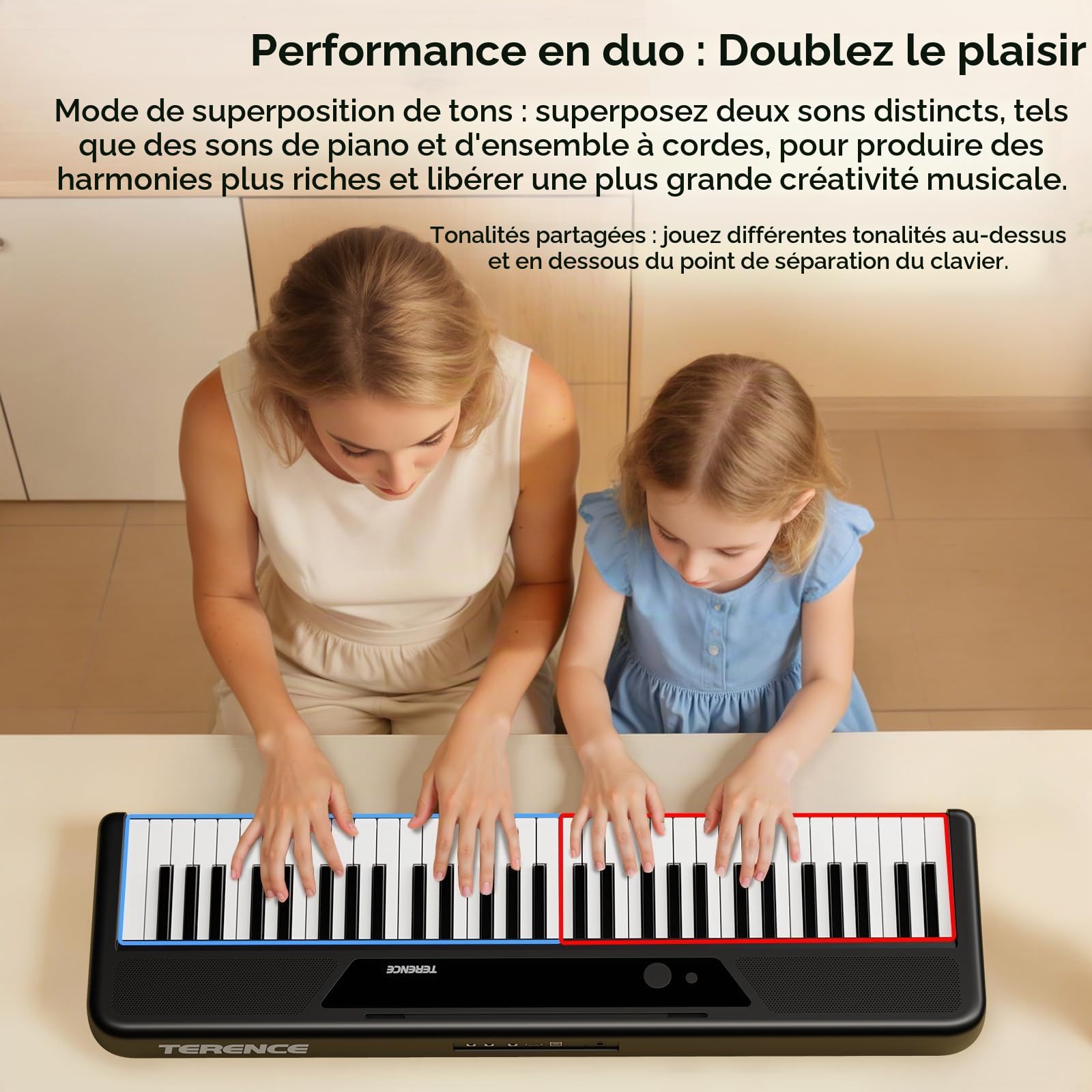 TERENCE Piano Électrique 61 Touches Portable – Clavier Numérique avec Support Touches Sensibles 128 Sons MIDI Idéal pour Enfant & Adulte Instrument de Musique Polyvalent