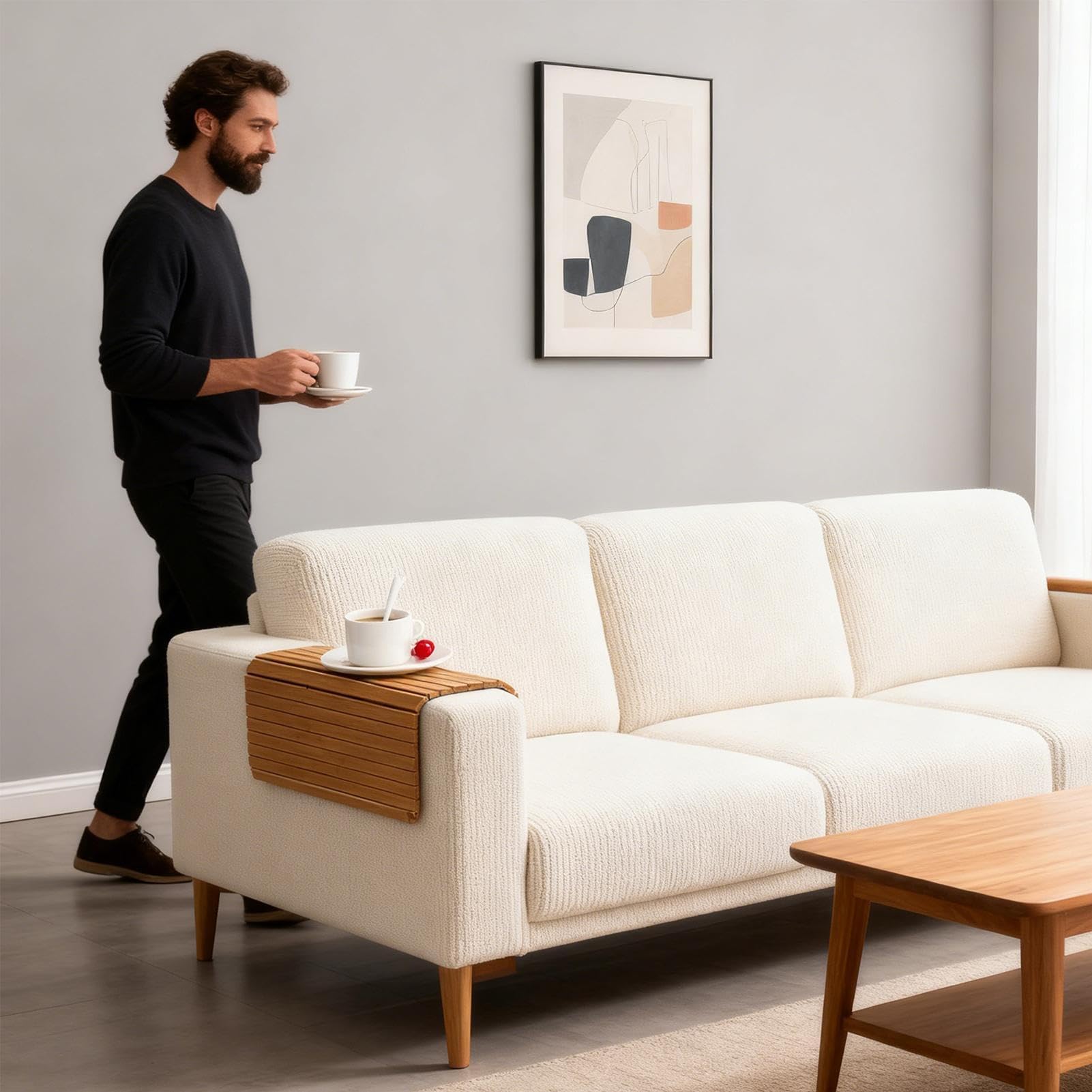 Bandeja para reposabrazos de sofá, soporte lateral de madera, portavasos para reposabrazos, ideal para sala de estar, apartamento, oficina, comedor, aperitivos, café, bebidas, teléfonos, mandos a