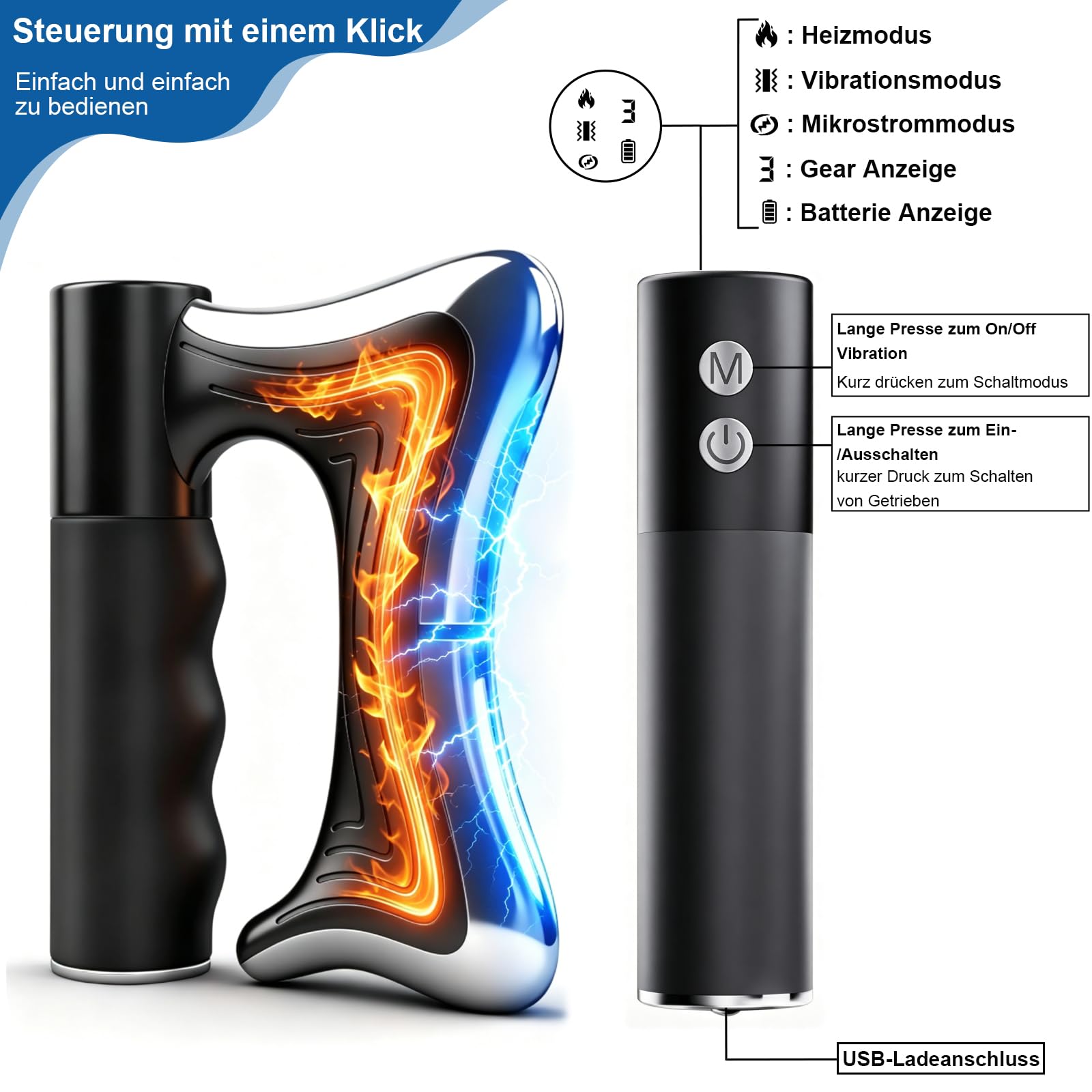 Elektrischer Muskelschaber, Faszien-Massageklinge mit Wärme und Vibration, Tragbares Gua-Sha-Massagegerät zur Ganzkörper-Muskelentspannung (Schwarz)