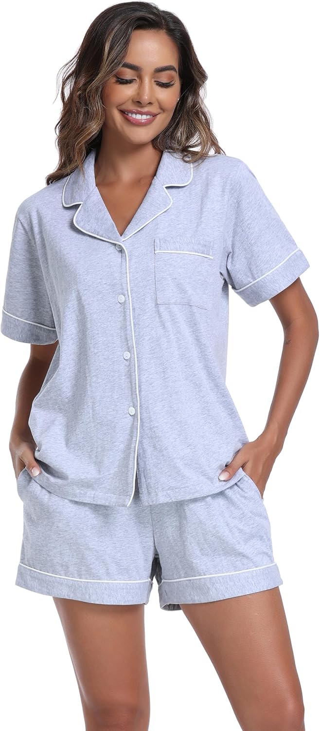 ANLIQI Womens Pajama Sets 100% Cotton Pajamas for Women Soft Short Sleeve Pj Sets Button Down Sleepwear Summer Pjs S-XXL - Image 4