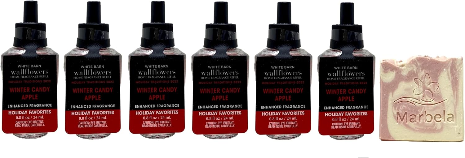 Bath & Body Works Winter Candy Apple 6 Pack Wallflowers Home Fragrance Refills with a Himalayan Salts Springs Sample Soap.