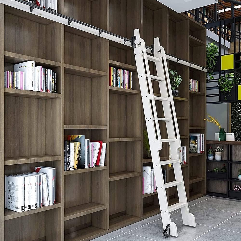Retractable Rolling Ladder Hardware Kit 3.3ft-20ft Sliding Barn Door Kit Round Tube Library Sliding Ladder Hardware Kit with Floor Roller Wheels Mobile Ladder Track (No Ladder) (Co
