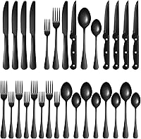 KUIHT 24-Piece Black Stainless Steel Silverware Set for 4 w/ Steak Knives - Rust-Proof, Dishwasher Safe Flatware