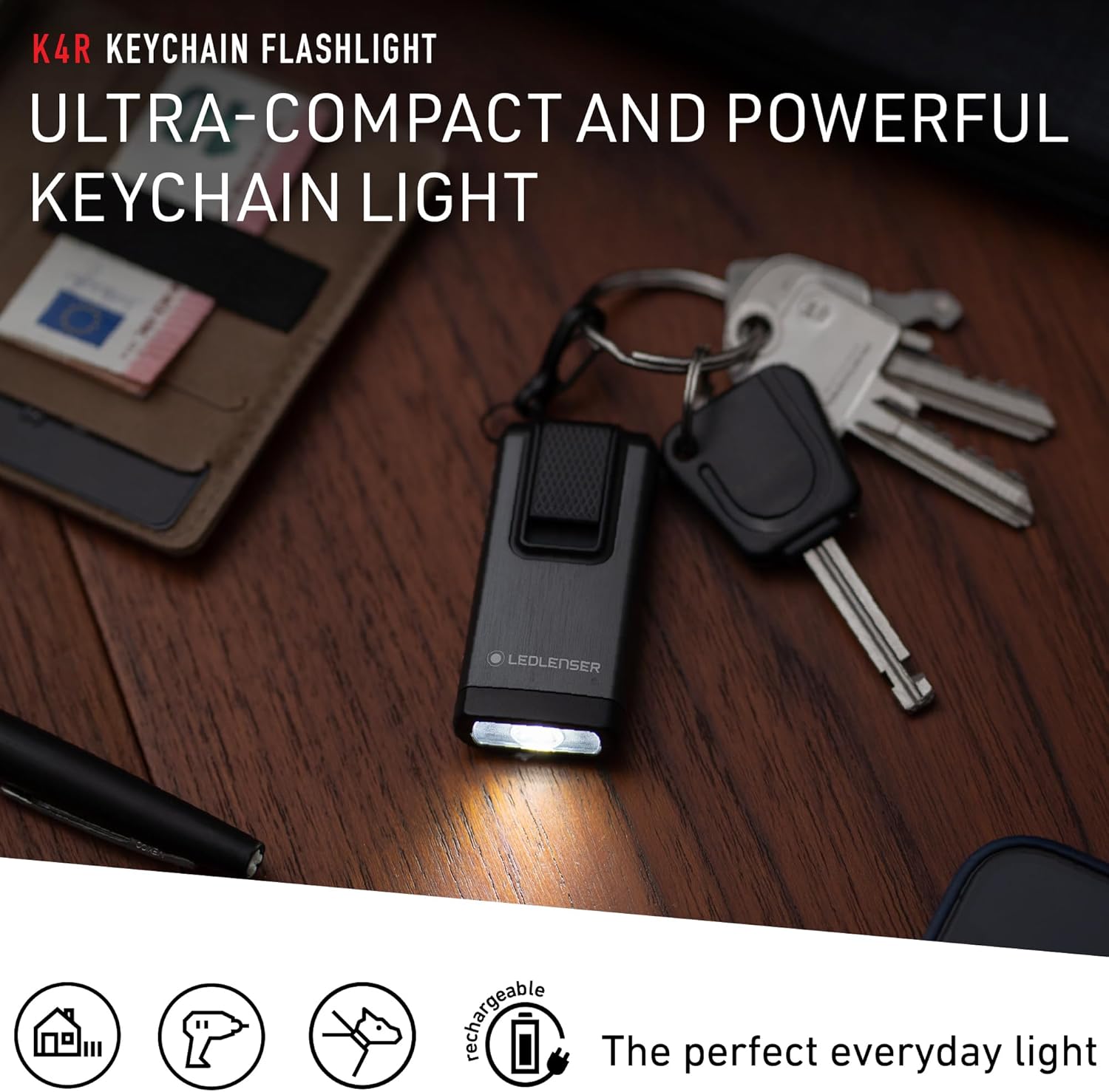 Ledlenser K4R Ultra-Compacted Foldout USB-A Rechargeable Keychain Flashlight 120 Lumens, Rose Gold