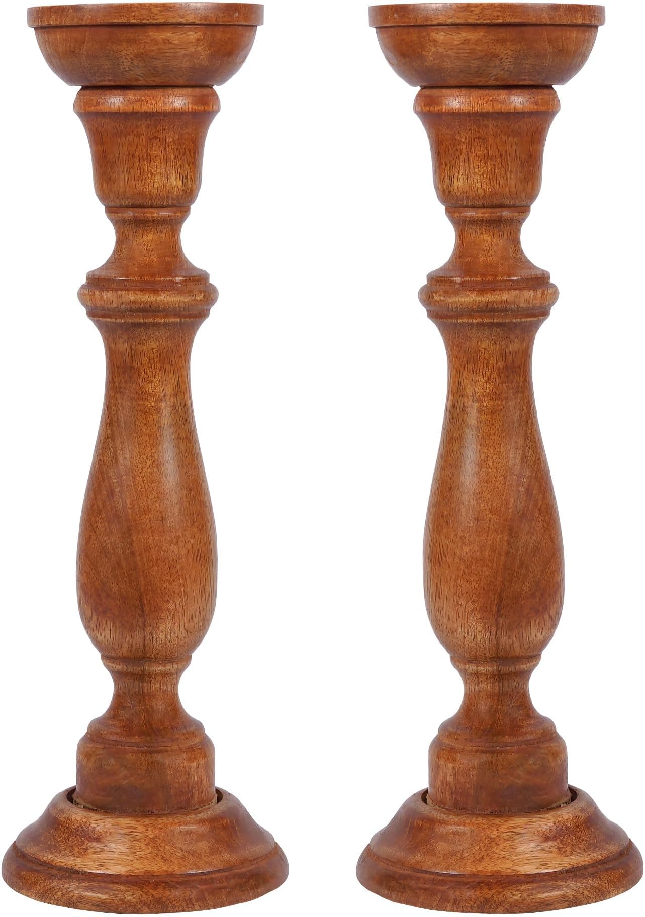 “Tuli” Candle Holders for Pillar Candles (Medium Polish, Set of 2) - Mangowood Candle Stand - Farmhouse Wooden Candle Holders Pillar - Candle Holder Decor for Fireplace or Table Centerpiece - 15”