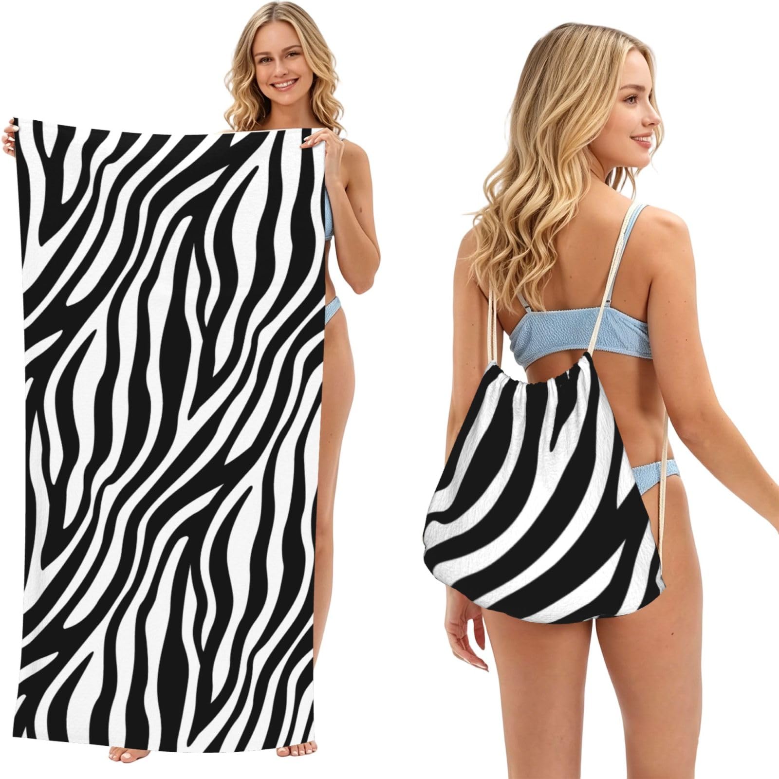 Poadnly As Picture Zebra Print Print, 2 In 1 Packable Towel Bag, Beach Towels With Drawstring Backpack For Travel Holiday Camping