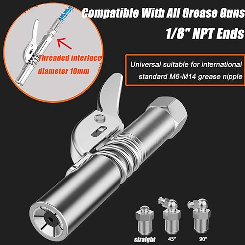 Vista 17 de Grease Gun Coupler Grease Gun Fittings Quick Lock and Release Lube Heavy Grease Gun Nozzle Tips Coupler Compatible with All Grease Guns 1/8" Npt End