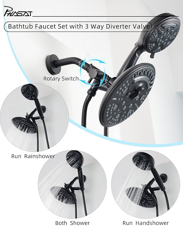PHASAT 2 Handle Shower Faucet With Handheld Shower Head,Dual 2 in 1 Showerhead Kit,Shower Head & Handheld Spray Shower Combo Set,Tub and Shower Trim Kit With Rough-in Valve,Matte Black,PU4H08 by PHASAT - Used condition - Image 6
