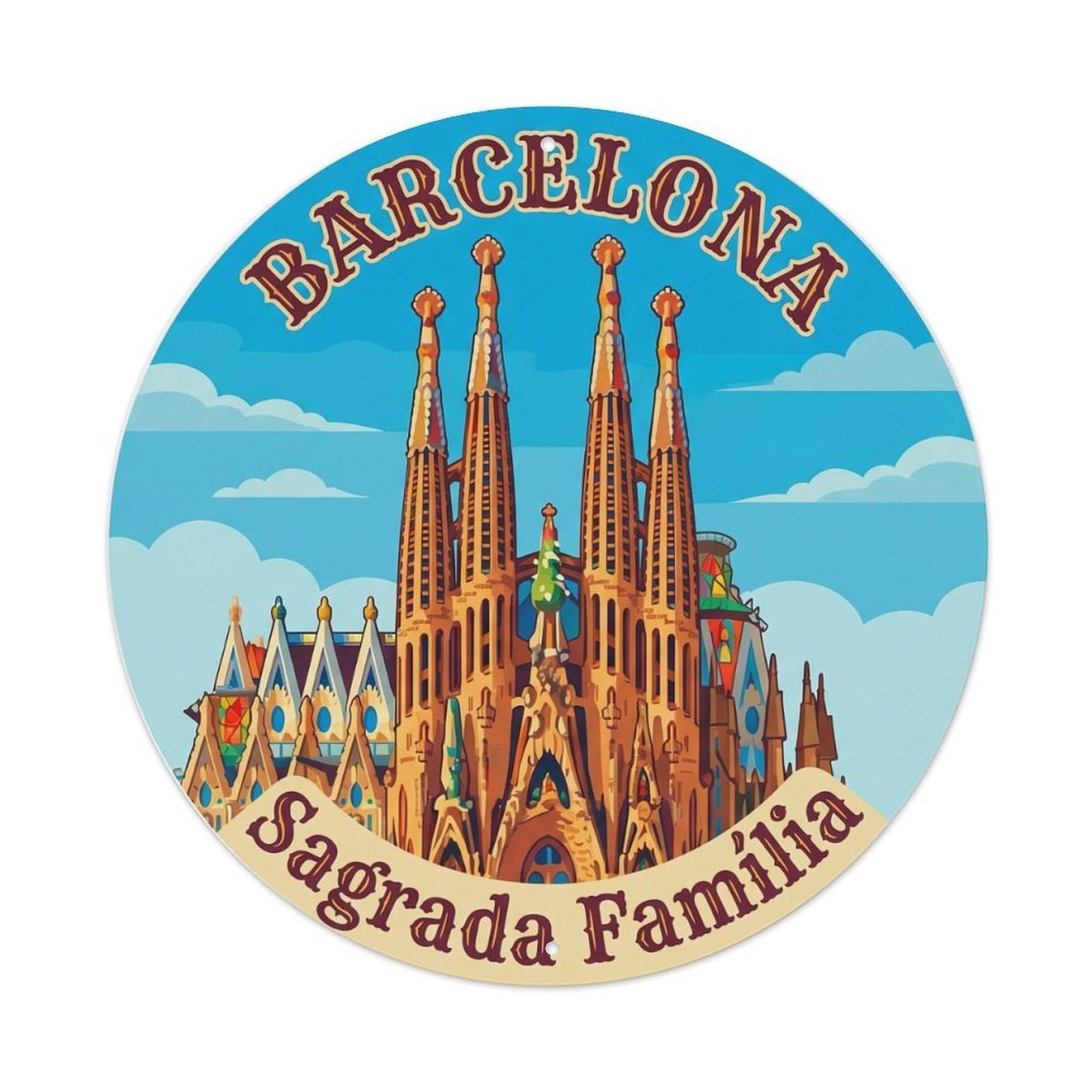 Vintage Travel Barcelona Gaudi Cathedral Metal Tin Sign Plaque Wall Decor for Cafe, Club Bar, Office, Home Garden Round Metal Poster 8x8Inch