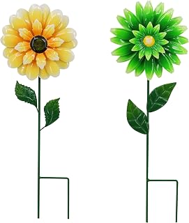 2 Pack Metal Flower Wind Spinner 18in Garden Stake Kinetic Yard Art