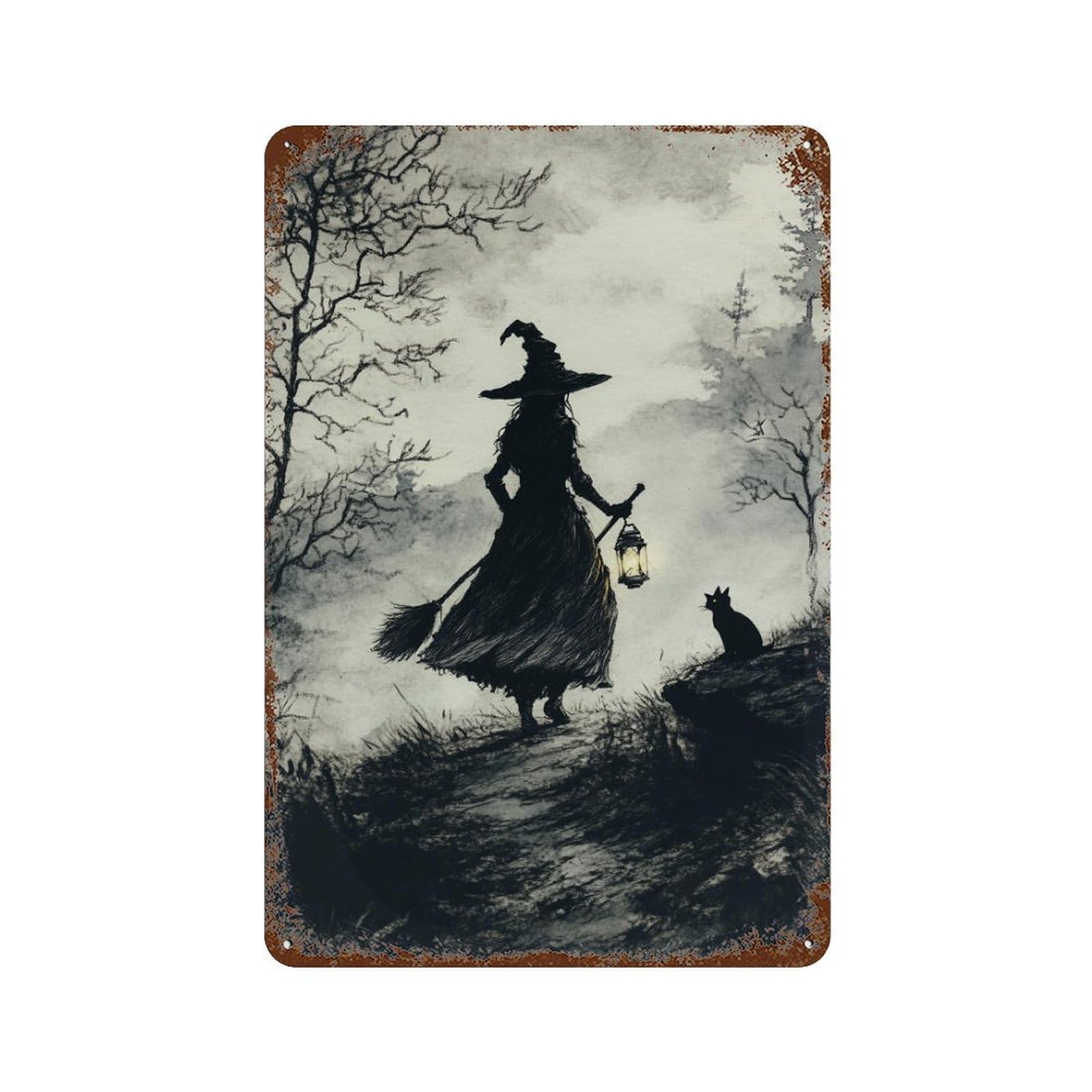 Rust Effect Witch with Lantern And Cat Rustic Tin Plaque 11.8"x7.9", Old School Wall Decor for Shed, Workshop And Garage Wall Decor
