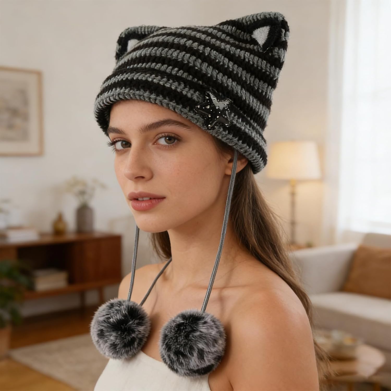 Arm and Leg Warmers Y2k Beanie Cat Hats, Crochet Cat Ear Beanies Kawaii & Gothic Accessories for Winter, Emo Rave Decor Knitted Hat Beanies for Girls Black