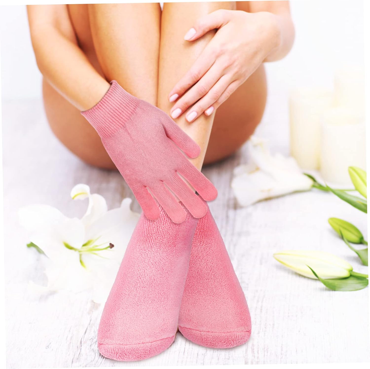 Spa Moisturizing Socks and Gloves Set 2 Pairs Pink Hydrating Foot Care and Skin Care Comfortable Moisturizing Socks for Dry Skin for Home Use
