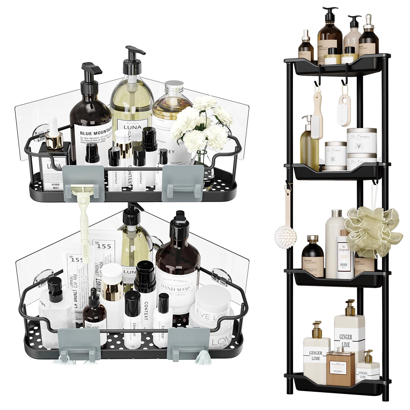 Orimade Corner Shower Caddy Bundle with Shower Floor Stand for Hanging Razor and Sponge Bathroom Basket Adhesive Shower