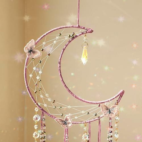 Miniatura 7 de Artilady Atrapasueños de mariposas con cristales  Atrapasueños de luna morada grande, decoración de pared para decoración del hogar de niñas y