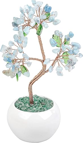 mookaitedecor Árbol de dinero de cristal aguamarina con base de cerámica, adorno de árbol bonsái Feng Shui para decoración de oficina y hogar, 6.5-7
