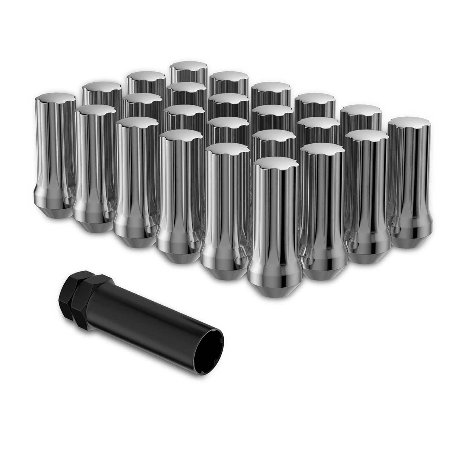 Richeer M14x1.5 Lug Nuts for Silverado Suburban Sierra ram 1500 Escalade Tahoe Traverse Yukon, 24pcs 14x1.5 Chrome Lug Nuts Long Extended XL 7 Spline with Socket Key for 6 Lug Aftermarket Wheels