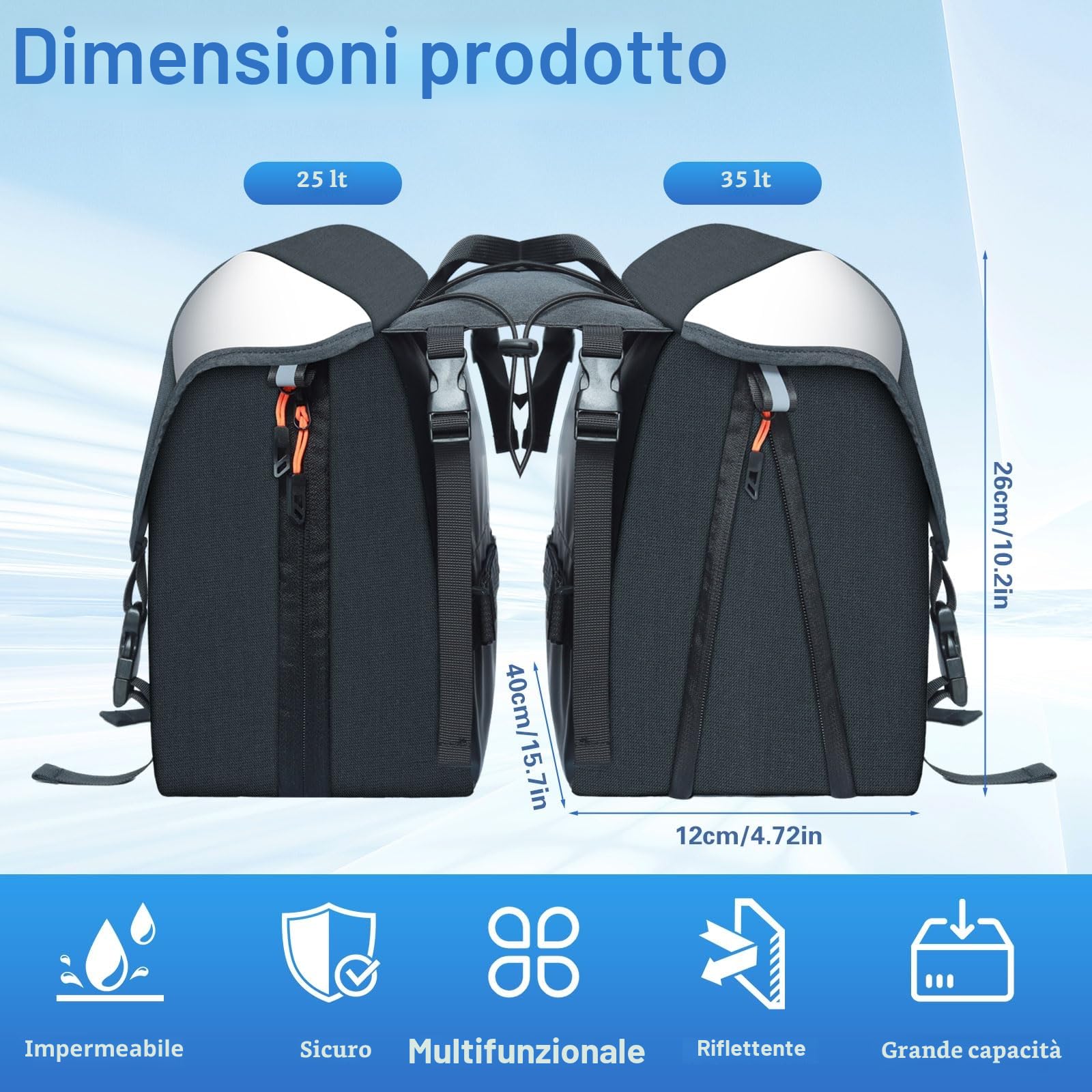 35L Doppia Borsa per Portapacchi Bicicletta, Impermeabile, Riflettente con Copertura Anti-Pioggia per Viaggi All'aperto