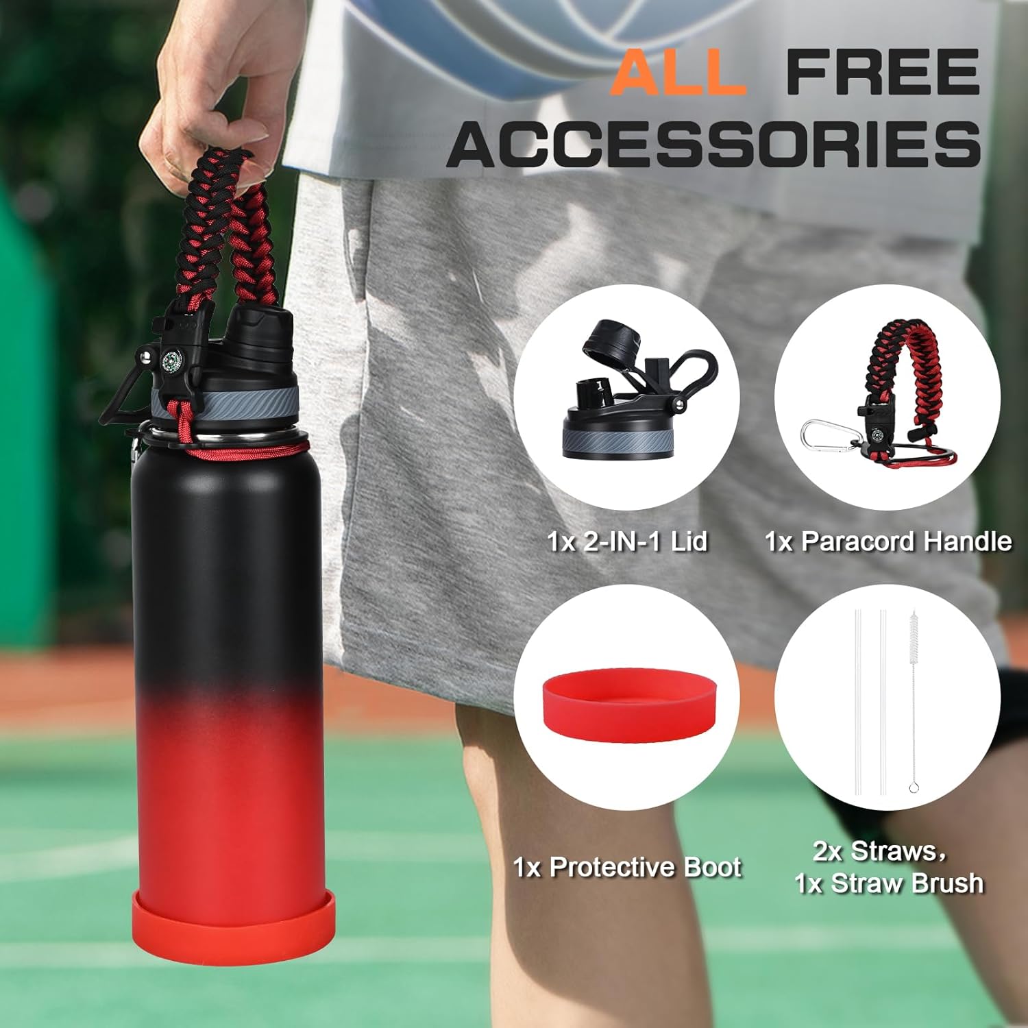 40 oz Insulated Water Bottle with Straw& Spout 2-in-1 Lid, Triple Wall Vacuum Stainless Steel Cold 48H, Leak Proof Sports Metal Flask Jug with Paracord Handle, Black Red - Image 6