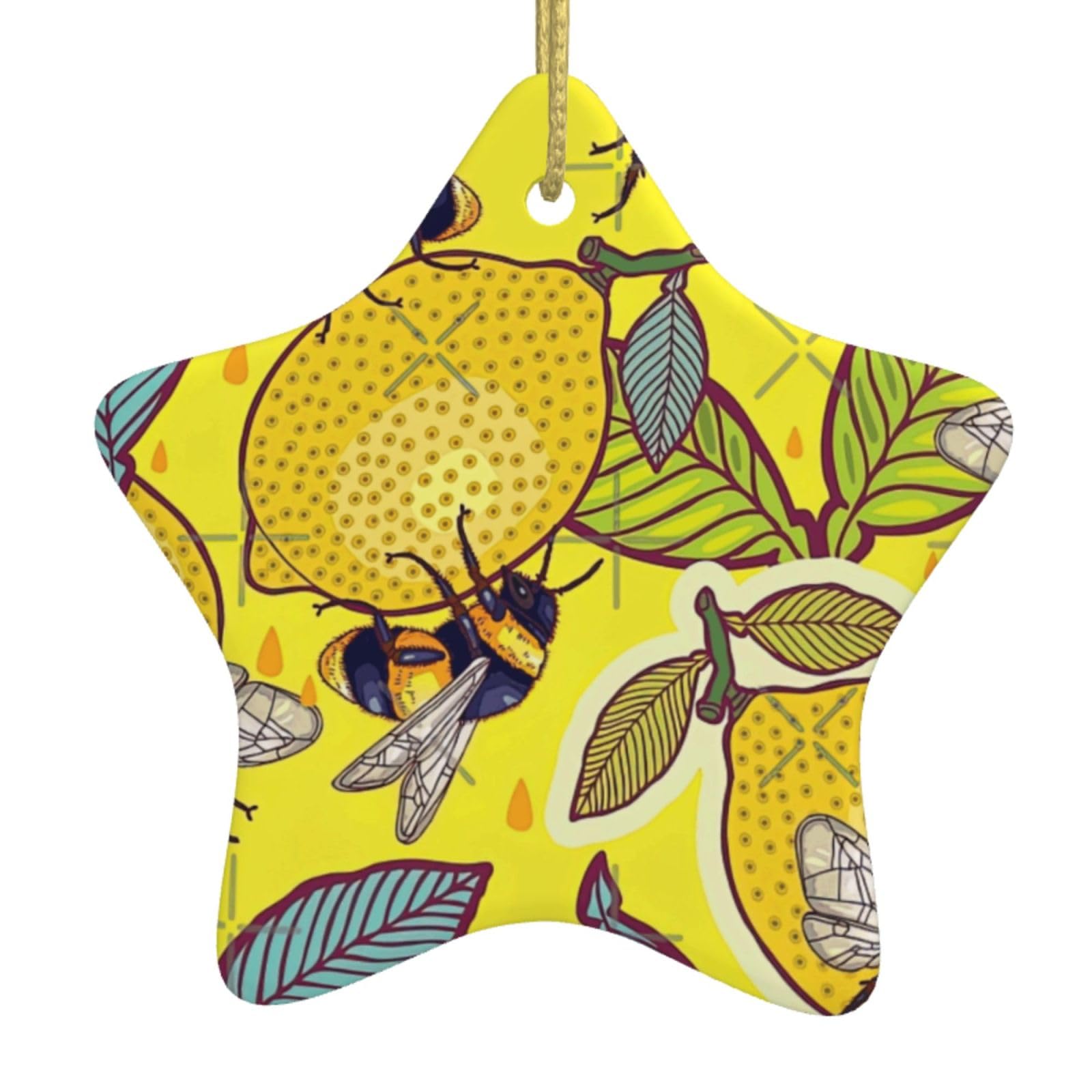 Nbtghga White Yellow Lemon And Bee Print Christmas Ornaments, Ceramic Hanging Ornament, Round Shape Decorations