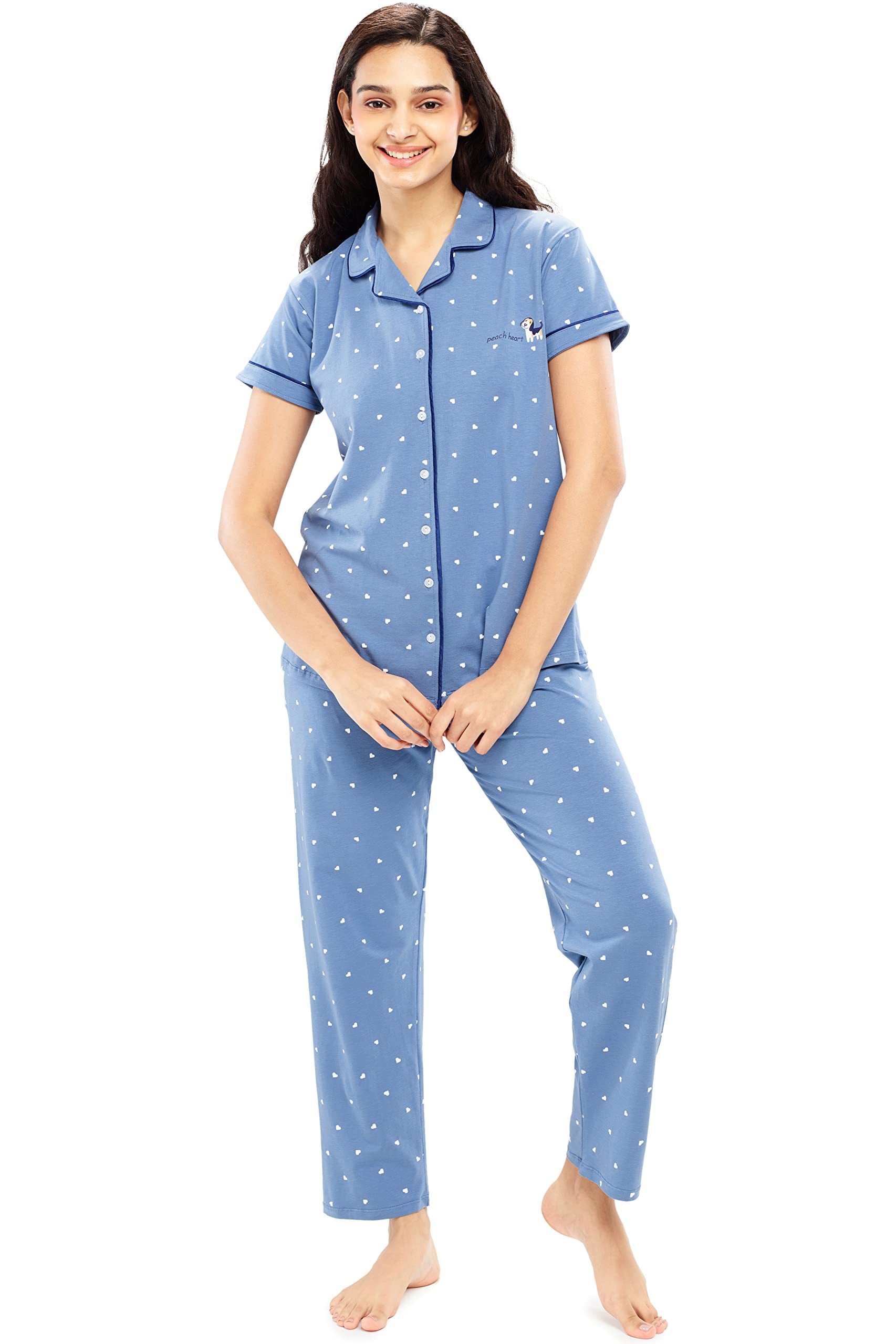Women's Cotton Heart Printed Stylish Night suit set of Shirt & Pajama Set 5612